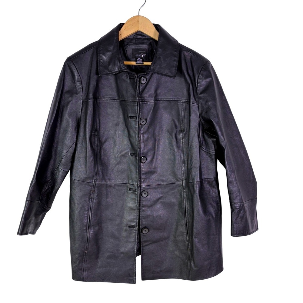 East 5th Leather Jacket Women 2X Black Nappa Leather Button Front Coat